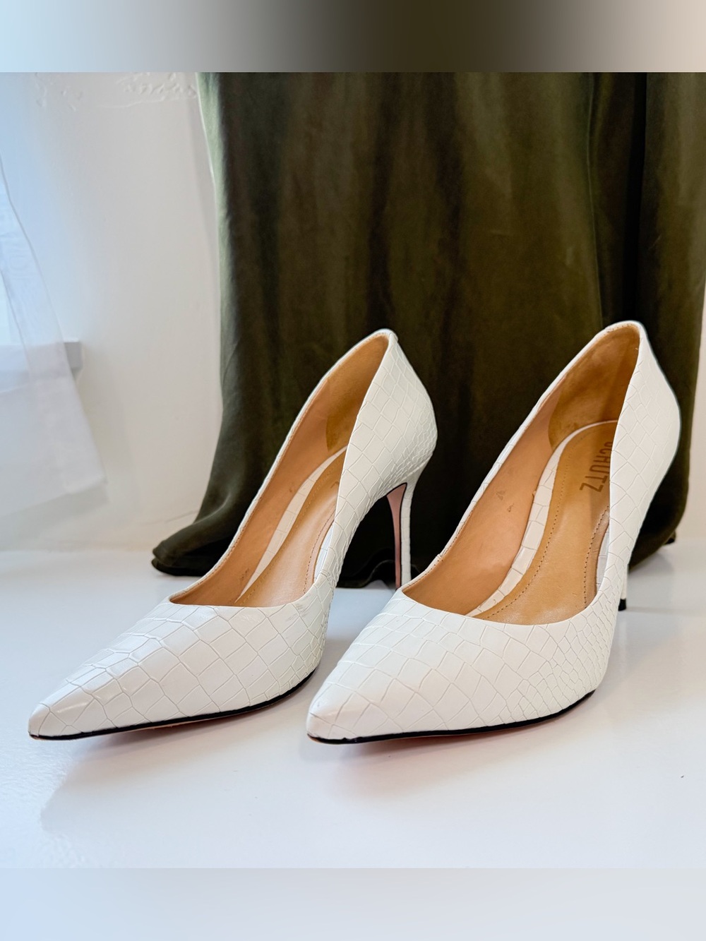 SCHUTZ White Croc-Embossed Pointed Pumps